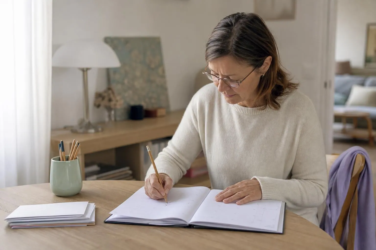 Femme d’une cinquantaine d’années assise à un bureau clair, marquant une date au crayon sur un agenda papier ouvert devant elle