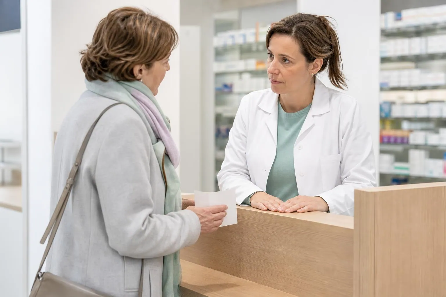 Pharmacienne d’une quarantaine d’années échangeant discrètement avec une cliente d’une soixantaine d’années dans l’espace de confidentialité d’une officine claire