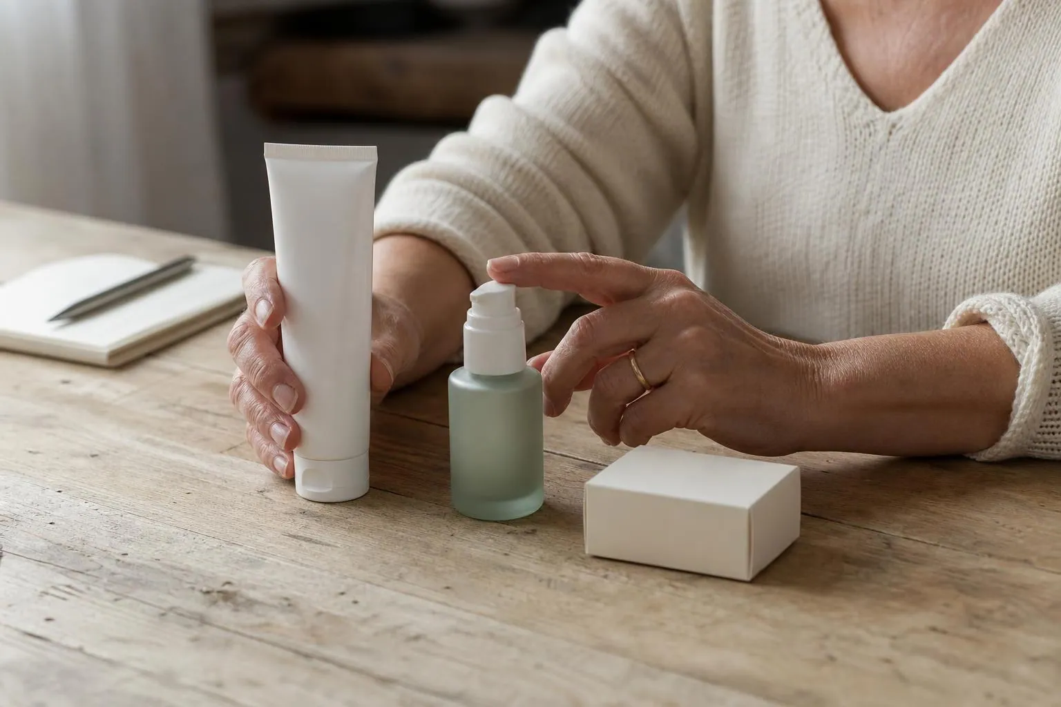 Gros plan sur les mains d’une femme d’une cinquantaine d’années comparant trois contenants neutres alignés sur une table de cuisine claire