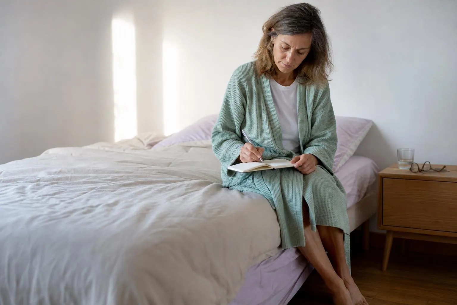 Femme d’une cinquantaine d’années assise au bord de son lit le matin, un carnet ouvert sur les genoux, écrivant quelques mots au stylo